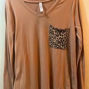Zenana Outfitters Tan Long Sleeve Top with Leopard Pocket